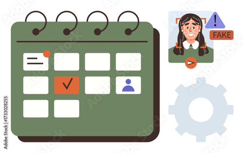 Calendar interface with tasks and user icon, facial recognition alert for fake profile, and gear for settings. Ideal for scheduling, workflow, identity verification, technology, productivity, fraud