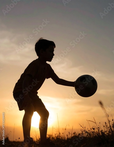 Silhouette of a child playing with a soccer ball at sunset