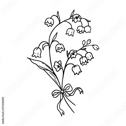 lily of the valley flower with bow ribbon line art