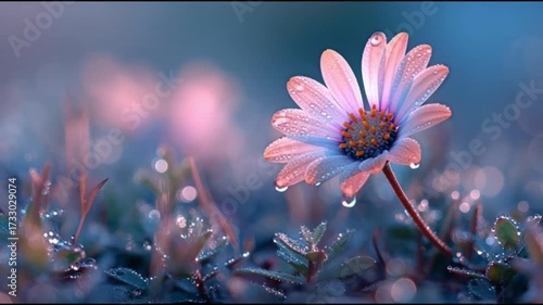 “Macro image of a blooming flower, highlighted pastel tones, morning dew, soft and crisp lighting, dreamy bokeh background.”