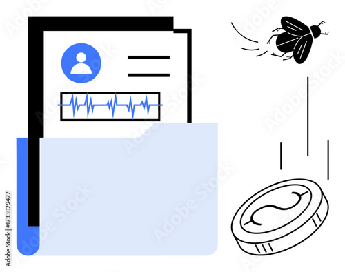 File folder containing personal profile, heartbeat graph. Flying insect and falling coin represent financial insecurity, loss, fragility. Ideal for finance, data, risk, loss health security