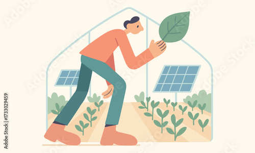 Illustration of a man in a greenhouse, gently holding a large green leaf while surrounded by rows of plants and solar panels, symbolizing sustainable agriculture and eco-friendly practices