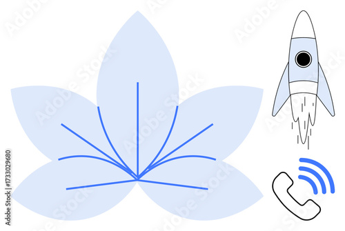 Stylized flower with extending lines, rocket launch, and phone signal emphasizing growth, innovation, and communication. Ideal for progress, connection, creativity, startups technology outreach