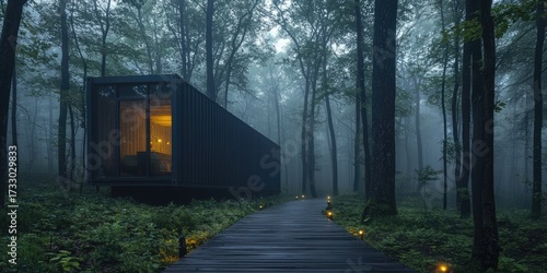 A modern, black shipping container cabin nestled in a dense forest, illuminated by warm, ambient lighting