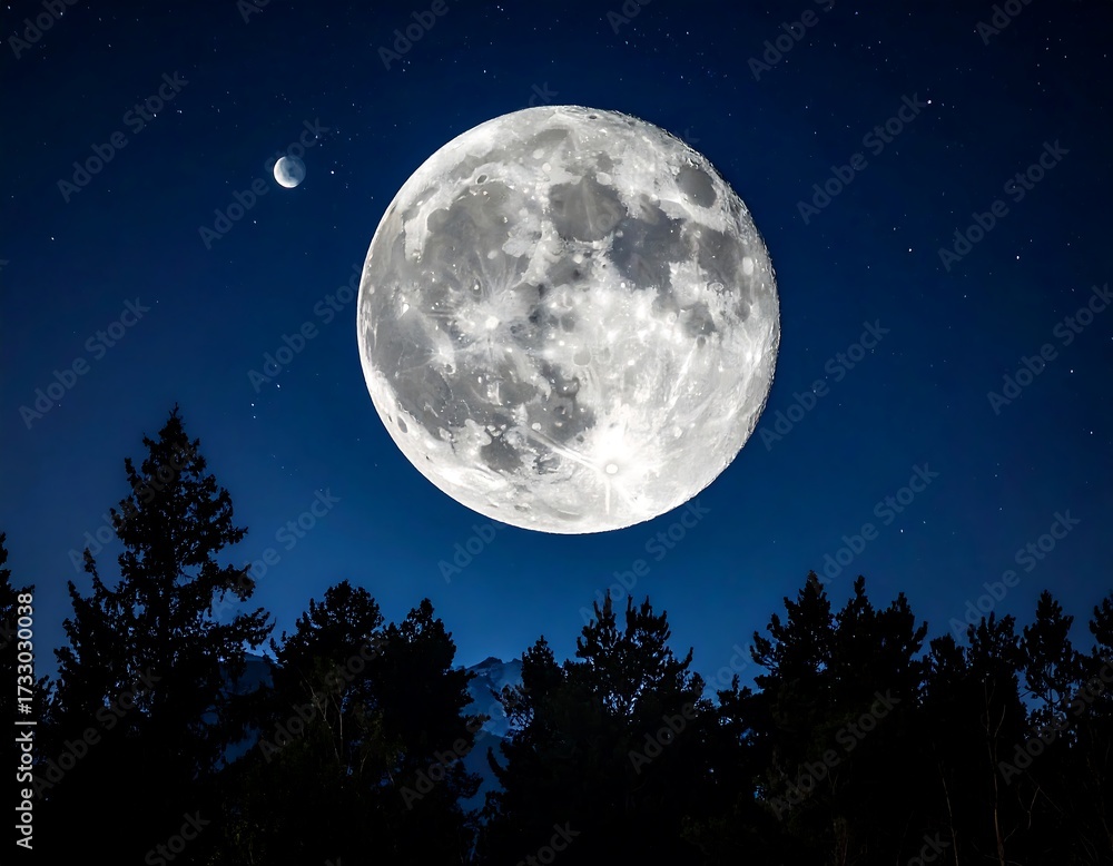 Naklejka premium Large moon over dark forest at night