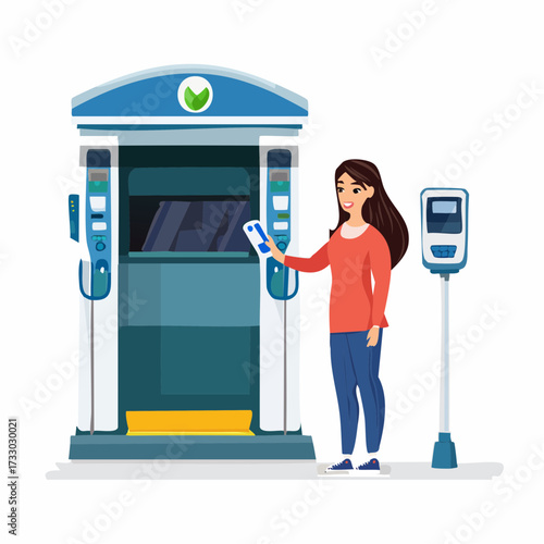 A young woman with long brown hair uses a contactless payment system at a subway entrance. Modern, clean design. Commuting, transit, technology.