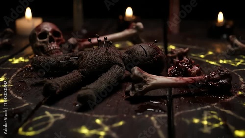 voodoo doll with skull and occult ritual objects