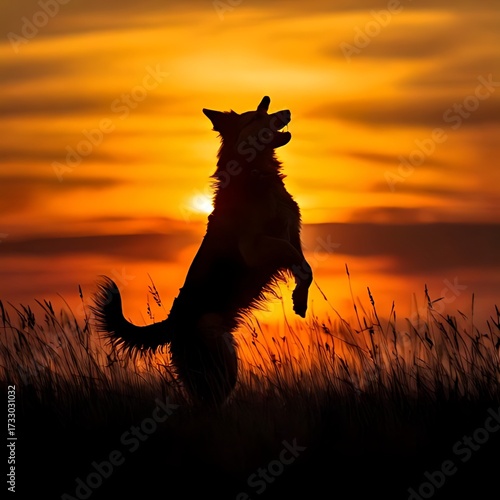 Silhouette of a dog jumping at sunset (1)