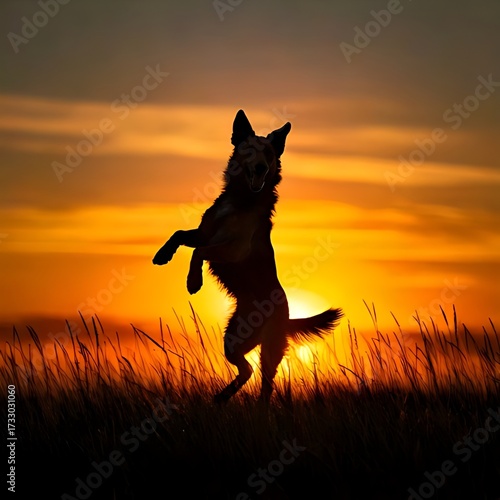 Silhouette of a dog jumping at sunset (2)