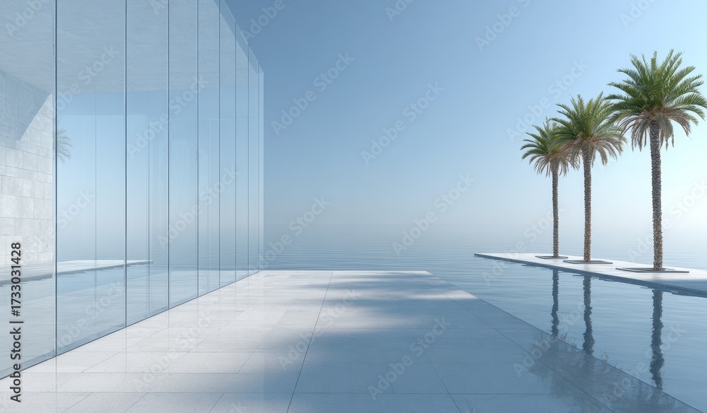 Obraz premium A modern glass building with palm trees by the water, featuring clear reflections and a serene outdoor setting.