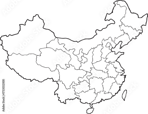 Outline map of china showing provinces and administrative divisions in black and white vector