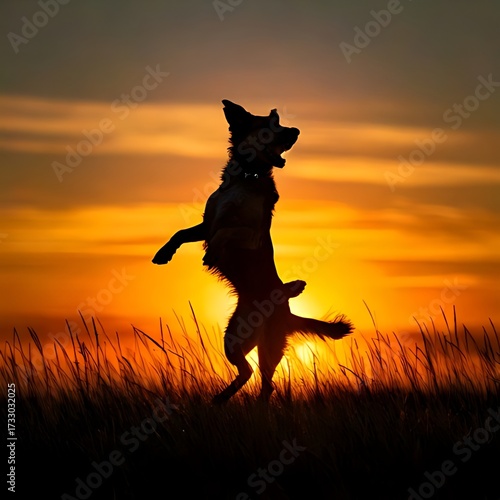 Silhouette of a dog jumping at sunset