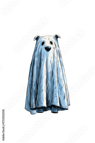 Cute dog dressed as a ghost with white sheet costume, playful Halloween illustration perfect for festive cards, designs, and decorations.