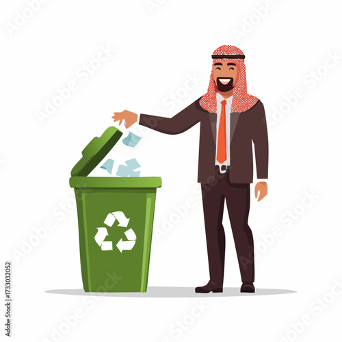 A businessman throws crumpled paper into a recycling bin. Clean, modern illustration depicts office waste disposal. Suitable for business, sustainability concepts.