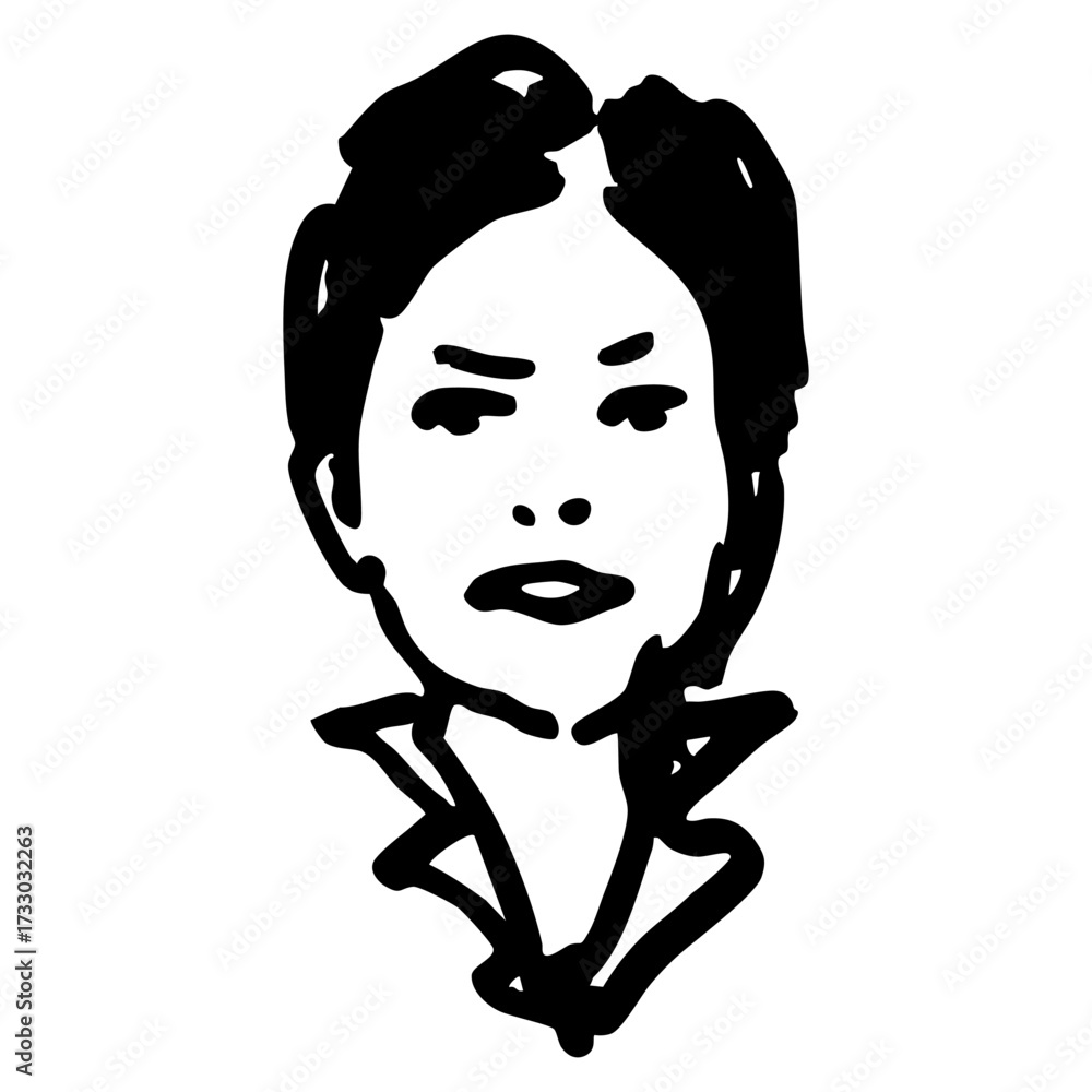 Obraz premium Head of a pretty young woman with short haircut and a collar. Female portrait. Hand drawn linear doodle rough sketch. Black and white silhouette.