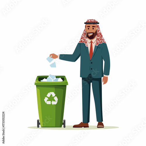 A businessman throws crumpled paper into a recycling bin. Clean, modern illustration depicts office waste disposal. Suitable for business, sustainability concepts.