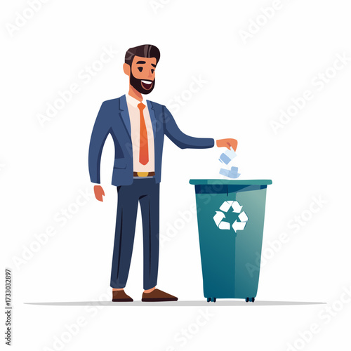A businessman throws crumpled paper into a recycling bin. Clean, modern illustration depicts office waste disposal. Suitable for business, sustainability concepts.