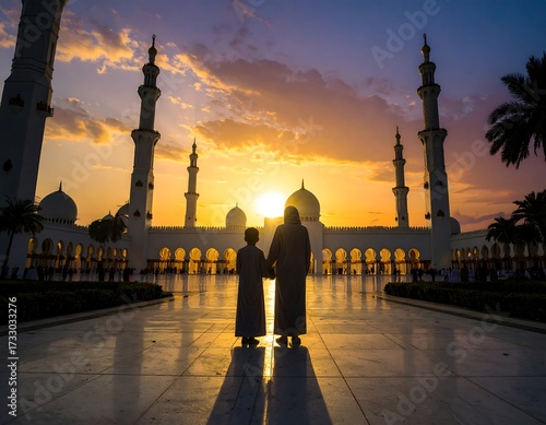 Silhouette of a family at sunset, in front of a grand mosque