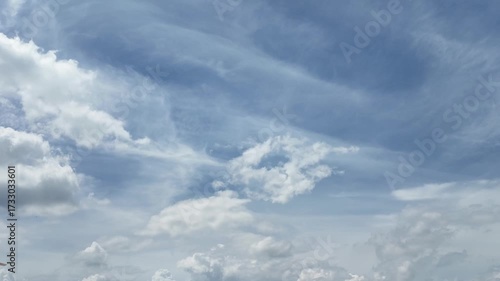 Dynamic sky with fluffy white clouds against a vivid blue backdrop, emphasizing natural beauty and airy atmosphere.Time-lapse video.