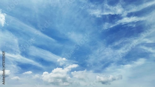 Dynamic sky with fluffy white clouds against a vivid blue backdrop, emphasizing natural beauty and airy atmosphere.Time-lapse video.