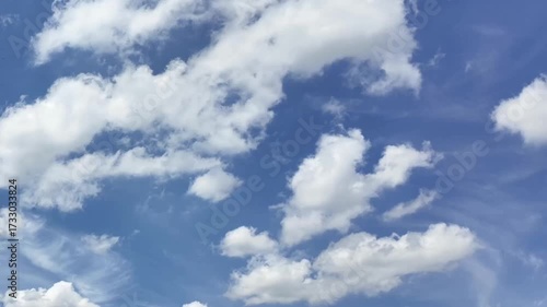 Dynamic sky with fluffy white clouds against a vivid blue backdrop, emphasizing natural beauty and airy atmosphere.Time-lapse video.