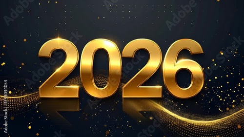 Shiny 2026 Golden Numeral Against a Dark Backdrop with Shimmering Particles