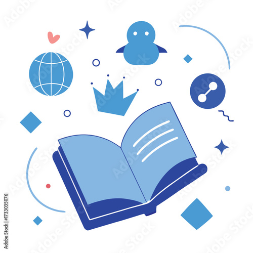 Open Book With Penguin Globe And Share Icons Keywords: book, open book, penguin, globe, world