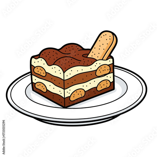 Cartoon Illustration of Tiramisù Dessert Plate with Bold Black Outline on White Background