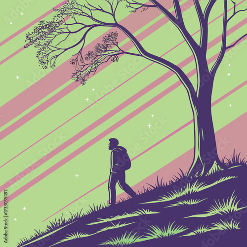 Silhouette of Man with Backpack Under Tree on Striped Background