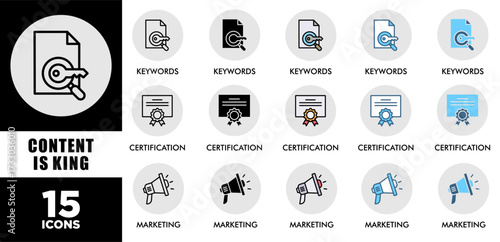 CONTENT IS KING icon set with various styles and colors of corporate sustainability performance for investment screening	