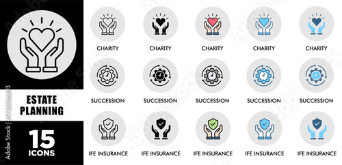 ESTATE PLANNING icon set with various styles and colors of corporate sustainability performance for investment screening	