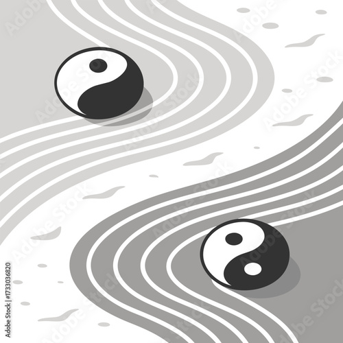 Yin Yang symbols in a zen garden design balance harmony