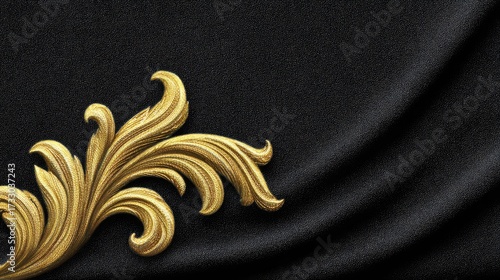 Elegant golden ornament on luxurious black fabric with smooth texture, ideal for backgrounds, advertisements, or creative designs to convey refinement and sophistication.