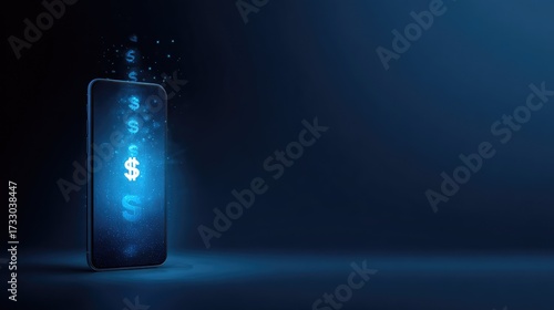 Wallpaper Mural Abstract image of a smartphone displaying glowing dollar signs, symbolizing digital finance, online transactions, and modern banking in a futuristic blue background Torontodigital.ca
