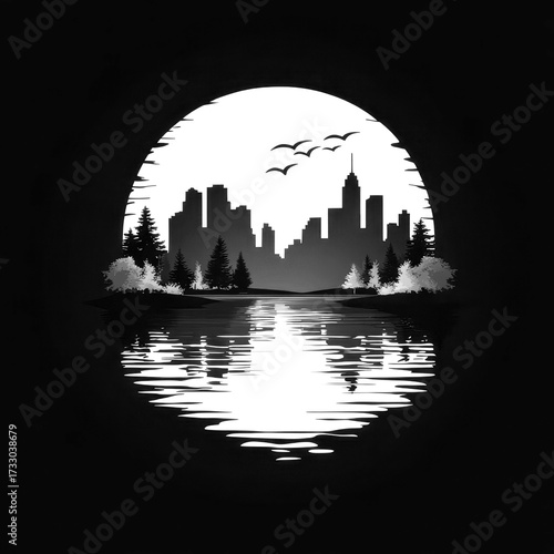 Sunset over a city skyline reflecting on water with silhouettes of trees and birds flying