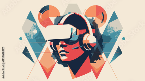 Woman with afro hair in VR headset, a stylized graphic illustration