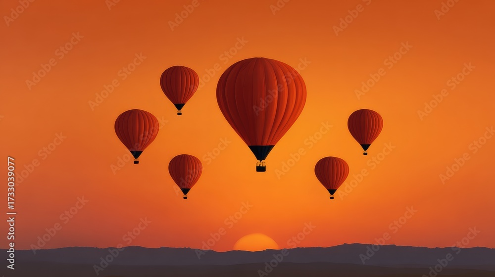 Fototapeta premium Colorful hot air balloons against a vibrant sunset sky, creating a stunning scene of adventure and tranquility in the open air, perfect for travel and exploration themes.
