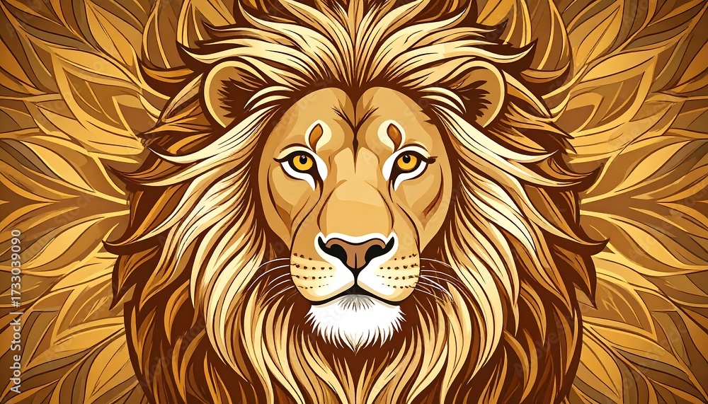Obraz premium Majestic stylized lion portrait with ornate mane and detailed background, evoking power and regality, golden tones