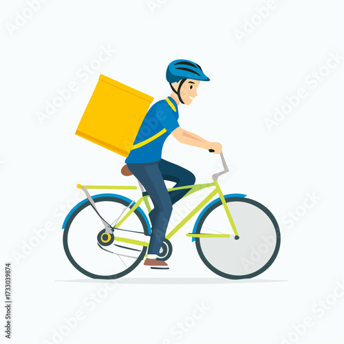 Delivery cyclist rides a bicycle, carrying a yellow package. Flat vector illustration, ideal for food delivery, courier services, or urban lifestyle concepts.