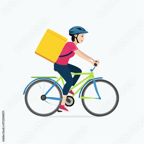 Delivery cyclist rides a bicycle, carrying a yellow package. Flat vector illustration, ideal for food delivery, courier services, or urban lifestyle concepts.