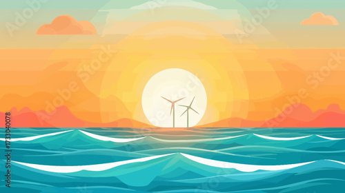 Wind turbines turning during a colorful sunset over the ocean