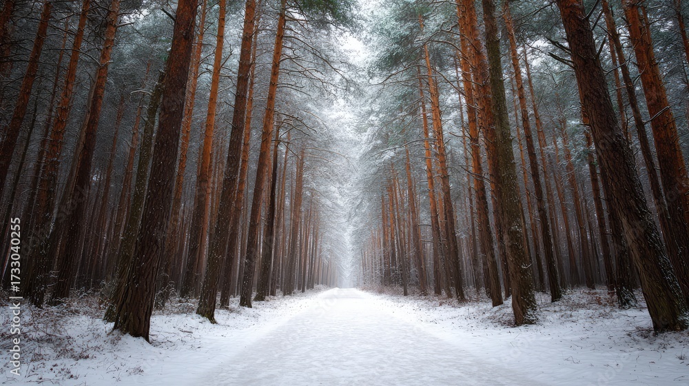 Naklejka premium Serene Winter Landscape in a Snow-Covered Pine Forest with Tall Trees Aligned on Both Sides Creating a Peaceful and Tranquil Pathway for Adventurers and Nature Lovers