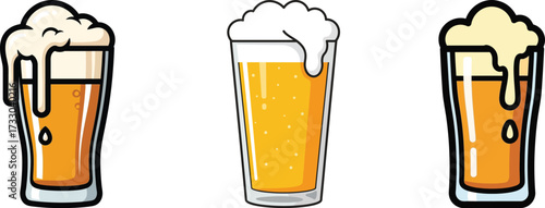 Collection of Three Glasses of Beer with Foamy Head
