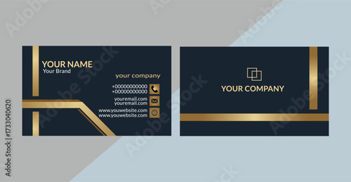 Elegant Gold and Dark Blue Business Card Design with Company Logo and Contact Details luxury