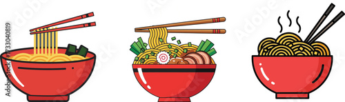 Set of traditional Japanese ramen noodle soup bowls with chopsticks vector illustration