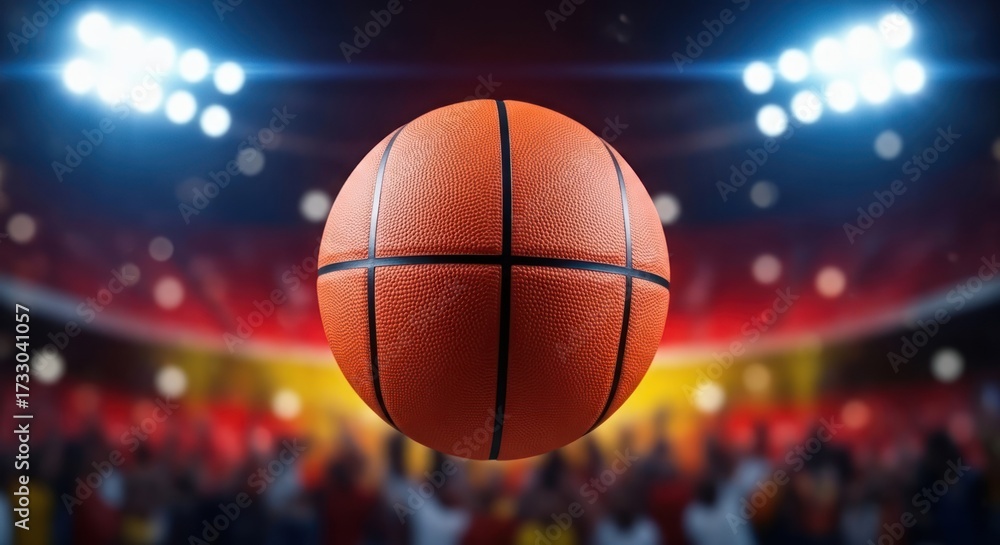 Fototapeta premium Basketball in mid- over a vibrant, blurred stadium with bright spotlights illuminating the energetic crowd