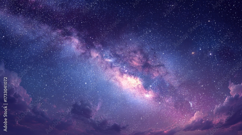 Naklejka premium Milky Way Galaxy with Earth's Clouds, Majestic Night Sky Scene with Purple and Blue Stardust and Cloud Formations