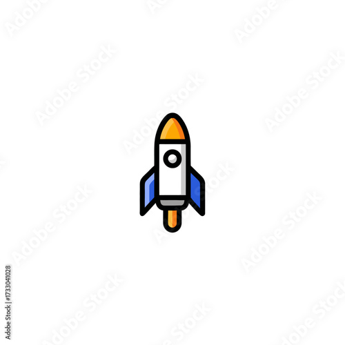 Cartoon rocket icon launching against a white background