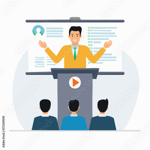 A man presents to an audience, gesturing confidently. A screen displays a profile icon. Business presentation, public speaking, and leadership concept.
