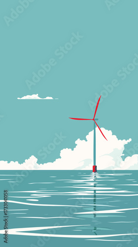 Illustration of a red offshore wind turbine standing in the calm sea